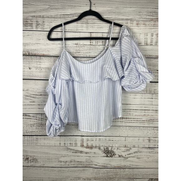 Astr The Label Ruffle Blue Stripe Shirt Small Cotton Boho Coastal Fairy Feminine - Picture 2 of 8